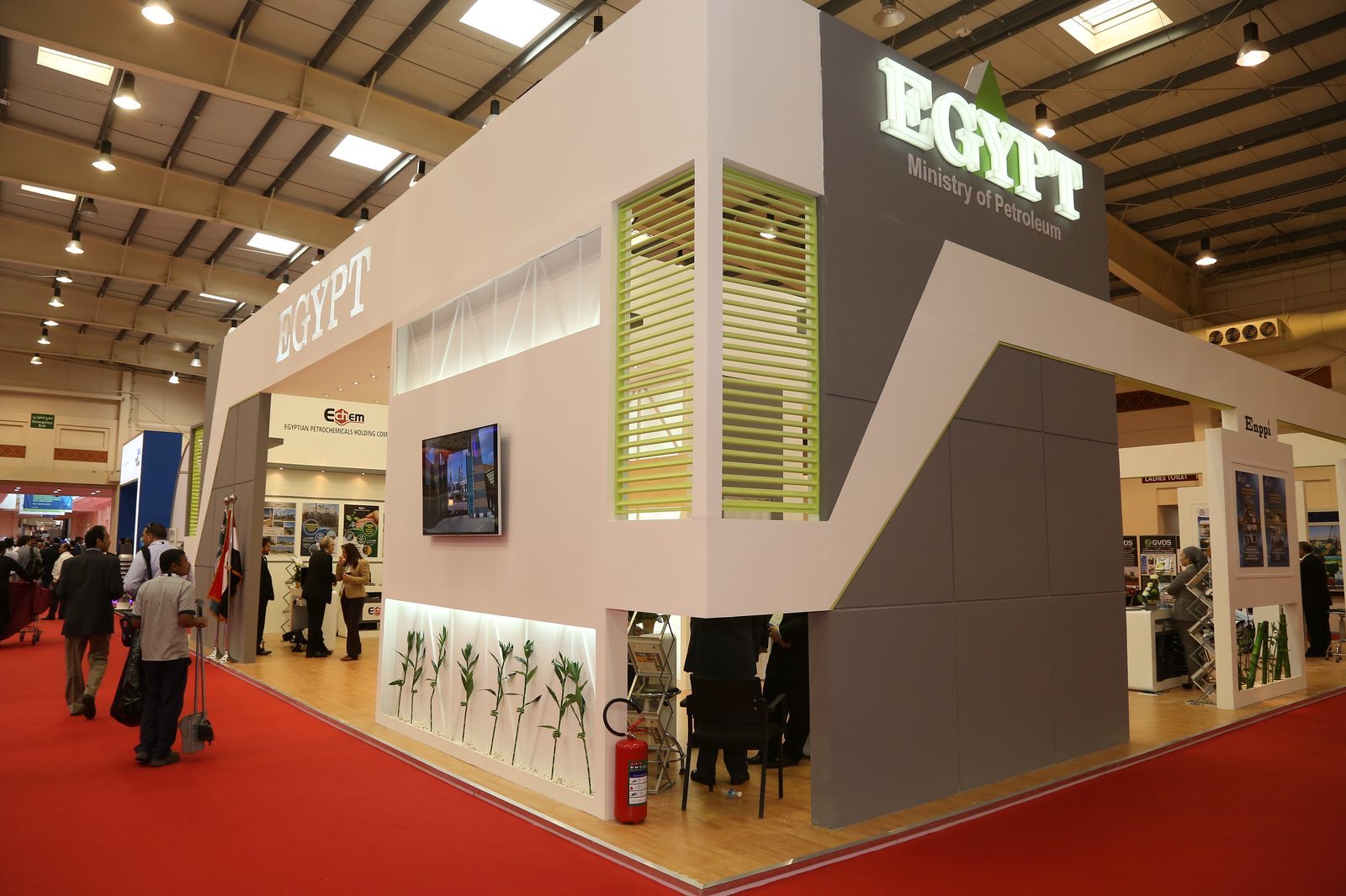 Egyptian pavilion with illuminated 'EGYPT – Ministry of Petroleum' fascia on the show floor